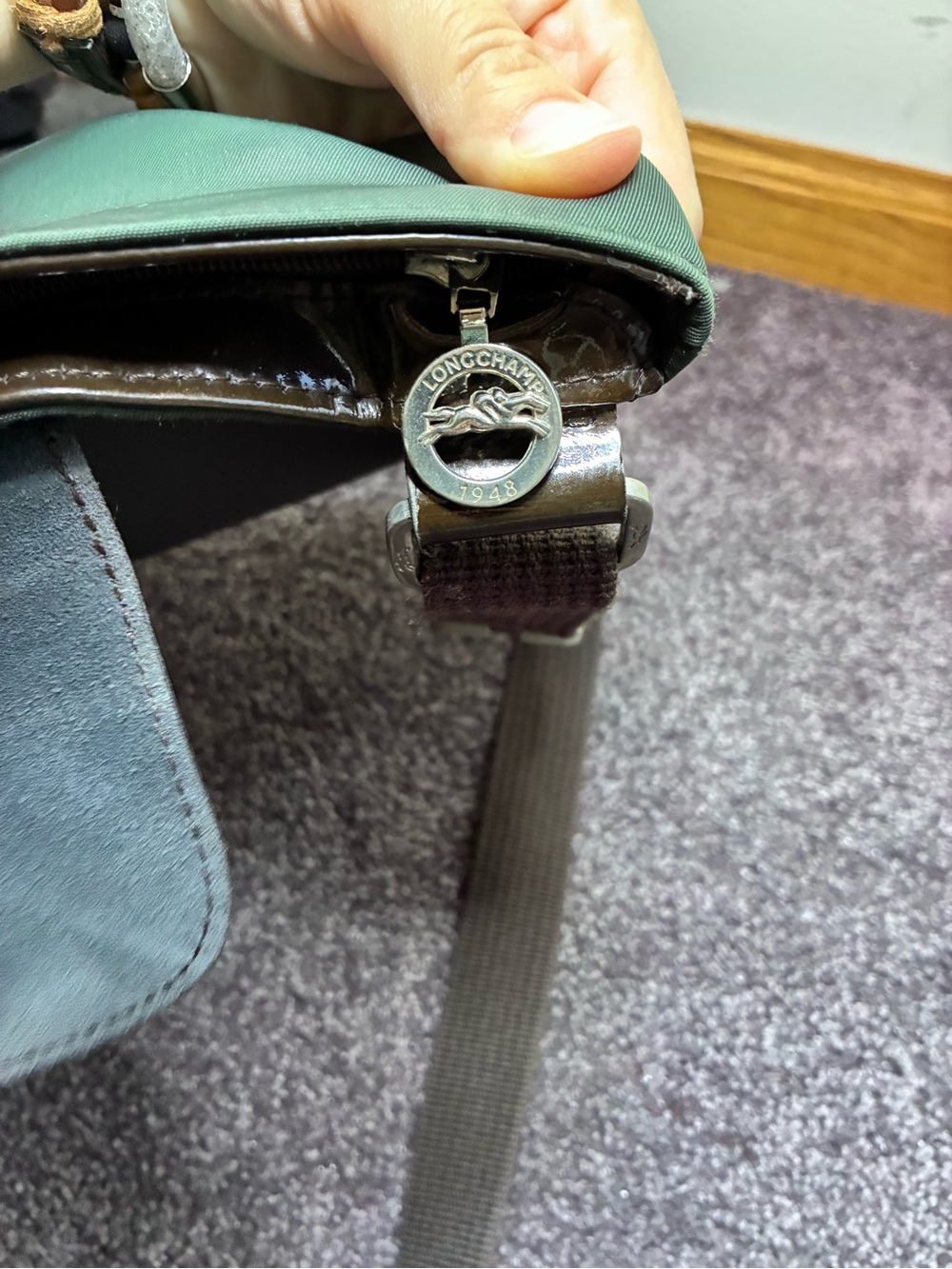 Longchamp Forest Green & Brown Crossbody Bag Purple Interior Magnet Snap Closure - Picture 5 of 7